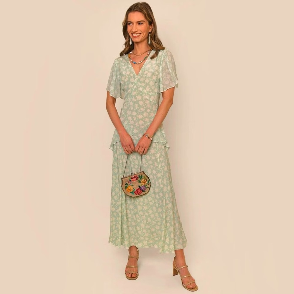 RIXO Evie dress - silk midi in sage with daisy pattern NWT
